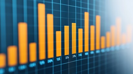 Data analytics concept. Visual depiction of a digital bar graph with orange bars representing data, set against a dark grid background, symbolizing analytics.