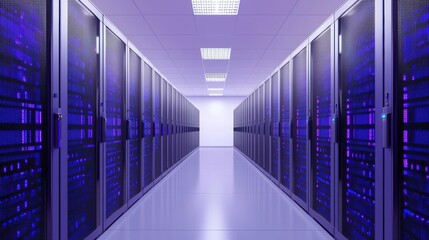 Data analytics concept. A modern data center corridor featuring rows of servers and a bright, illuminated endpoint.