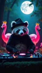 Panda DJ with two flamingos behind him at night