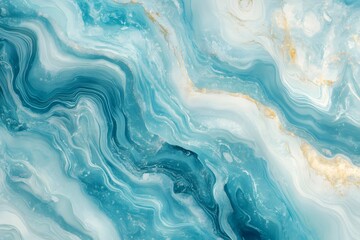 Abstract waves of blue and white fluid art create a serene background with hints of gold accents