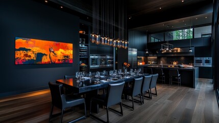 a bold and vibrant dining room with a dramatic and eclectic design. The use of dark colors, bright accents, and unique artwork creates a striking and memorable space