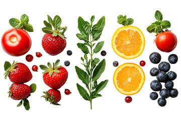 Naklejka premium Fresh fruits and herbs arranged on a white background, showcasing vibrant colors and healthy options for cooking and snacking.
