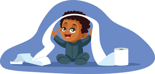 Happy Infant Playing with Toilet Paper Vector Cartoon Illustration. Kid being naughty and messy at home after potty training 

