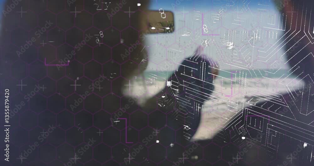 Poster hexagonal pattern and circuit animation overlaying person using computer in school