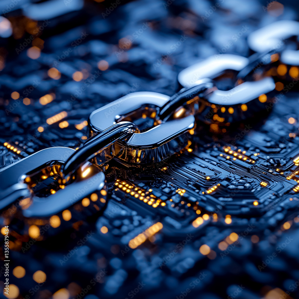 Poster close-up of metallic chain links over a digital circuit board illuminated by orange lights