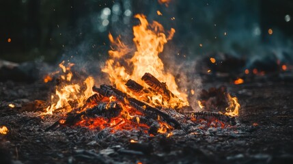 Selective Focus of Burning Bonfires creating a Warm and Eerie Atmosphere