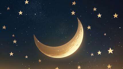 Crescent Moon with Stars in Night Sky