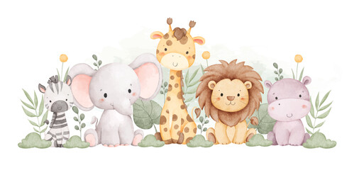 Watercolor Illustration Safari Animals and Tropical Leaves © Stella