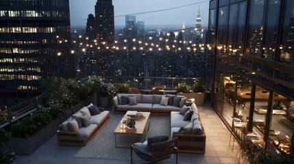 Urban rooftop lounge with city view at night and cozy illumination