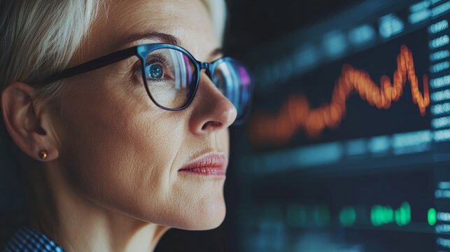 Data analytics concept. Concentrated woman analyzing data on a screen, reflecting a professional and tech-savvy environment.