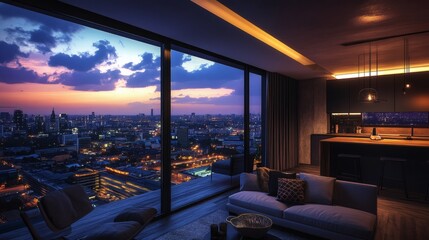 Fototapeta premium Luxury Apartment Overlooking City Skyline at Sunset, Interior Design Inspiration