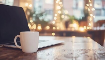 Fototapeta premium Laptop Coffee Cafe Blurred.