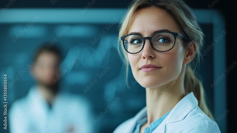 Poster data analytics concept. confident female scientist in focus with a blurred colleague behind her, set