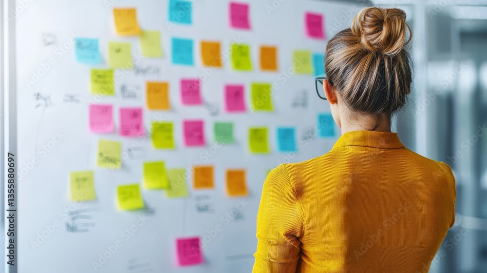 Poster data analytics concept. a person analyzing colorful sticky notes on a glass board, engaged in brains