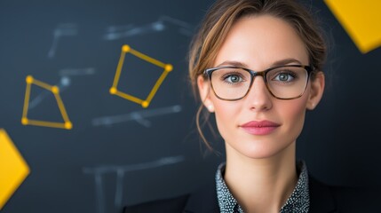 Data analytics concept. Professional woman with glasses stands confidently against a dark backdrop featuring geometric shapes, exuding creativity and intellect.
