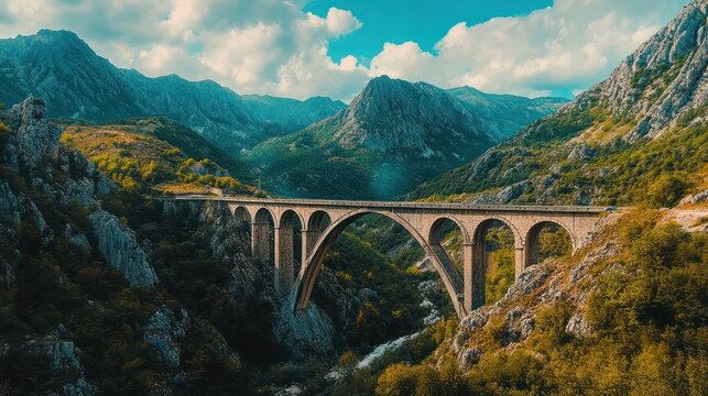 Spectacular Tara Bridge in Montenegro nestled between stunning mountain ranges