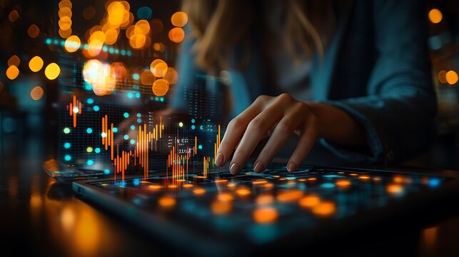Woman analyzing financial data on tablet.
