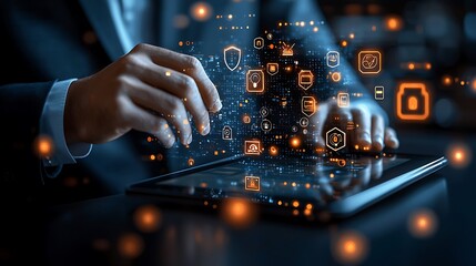 Person using tablet, digital icons floating above.