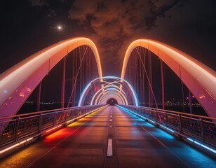 Obraz premium Vibrant Night Scene of Illuminated Arch Bridge at Night Modern Architecture with Colorful LED Lights
