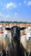 Fototapeta premium Unique Black Sheep Among White Flock Farm Animal Photography