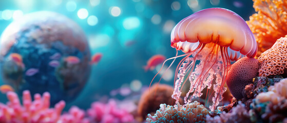 vibrant underwater scene featuring jellyfish surrounded by colorful corals and small fish, showcasing diverse marine ecosystem
