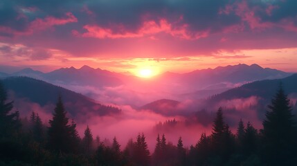 Obraz premium Misty Mountains with Sunrise and Vibrant Colorful Sky high resolution picture