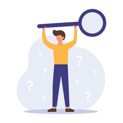 Man holding magnifying glass for analysing problem