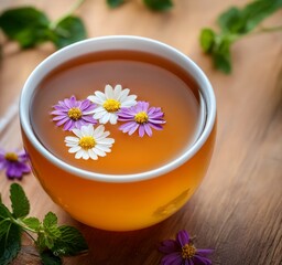 Lifestyle wellness with mental health and self-care concept. Tea with flowers floating, surrounded by greenery.
