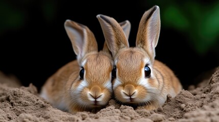 Fototapeta premium Two adorable baby rabbits nestled in sand