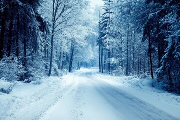 Serene Winter Wonderland: Snow-Covered Road Through a Forest Landscape