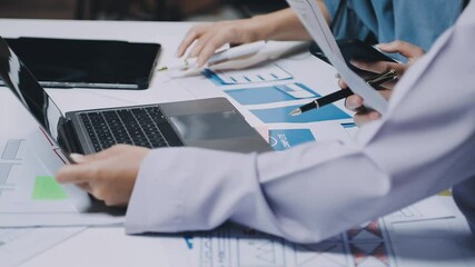 Website designer, Creative planning phone app development template layout framework wireframe design, User experience concept, Young asian woman UX designer working on smartphone application at office