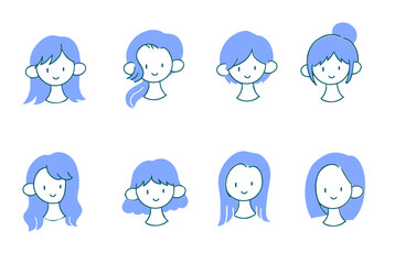 笑顔の様々な髪型の女性たち　シンプルな手描きイラストセット