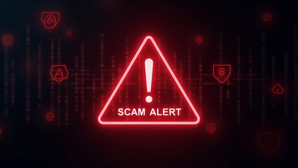 A bold red triangle with 'SCAM ALERT' in white text, set against a dark, digital background, signaling urgency and caution.