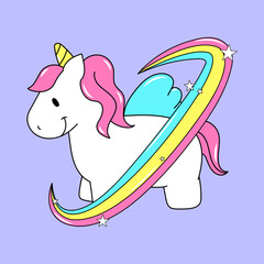 VECTOR ILLUSTRATION OF A CUTE UNICORN WITH WINGS AND A RAINBOW