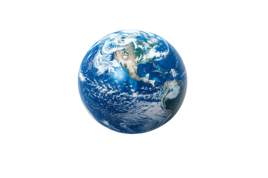 Global view of Earth with visible continents, oceans, and clouds on a white isolated background.