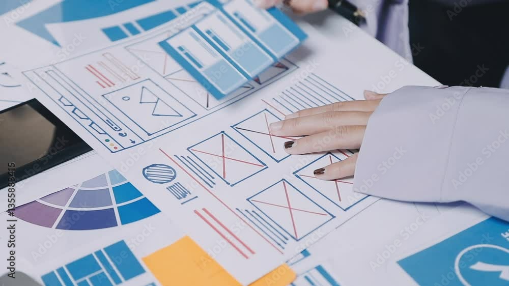 Wall mural website designer, creative planning phone app development template layout framework wireframe design