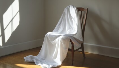 Mysterious draped chair in sunlit room still life photography artistic environment calm viewpoint