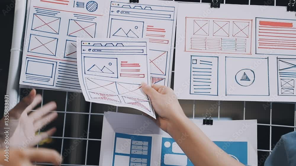 Wall mural website designer, creative planning phone app development template layout framework wireframe design