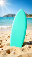 Pristine turquoise surfboard resting on golden sand, beach serenity
