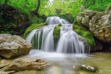 Cascading waterfall in mossy mountain stream