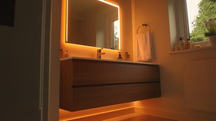 Fototapeta premium Stylish bathroom with floating vanity and ambient lighting creates a modern retreat