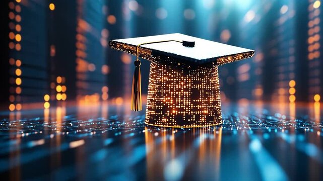 Digital graduation cap celebration illuminating achievement and knowledge modern education with glowing patterns and data streams.