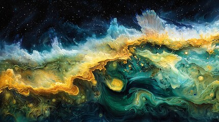 Obraz premium Abstract cosmic nebula swirls in teal, gold, and white.