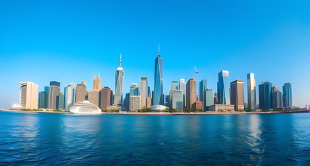 Fototapeta premium Panoramic view of a vibrant city skyline along a waterfront, featuring tall skyscrapers and a clear blue sky.