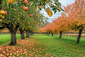 Scenic Apple Orchard in Autumn with Rows of Trees and Fallen Apples