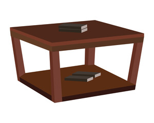 Realistic illustration of a wooden square coffee table with books on top and bottom shelf