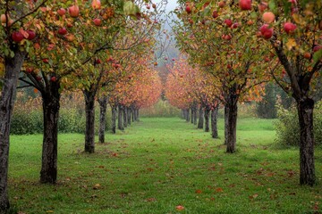 Autumn's Bounty: A Serene Apple Orchard Landscape in Vibrant Fall Colors