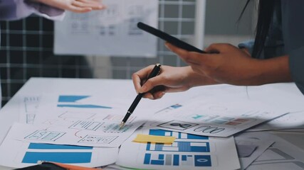 Website designer, Creative planning phone app development template layout framework wireframe design, User experience concept, Young asian woman UX designer working on smartphone application at office