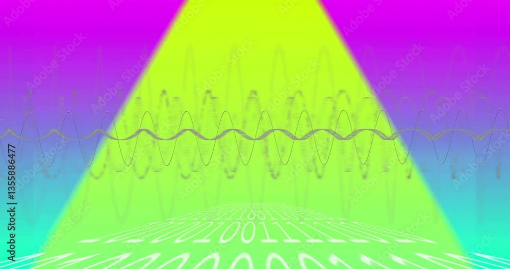Aufkleber binary code and colorful waveforms animating over vibrant gradient background