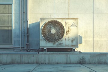 The outdoor air conditioning unit is attached to the building facade